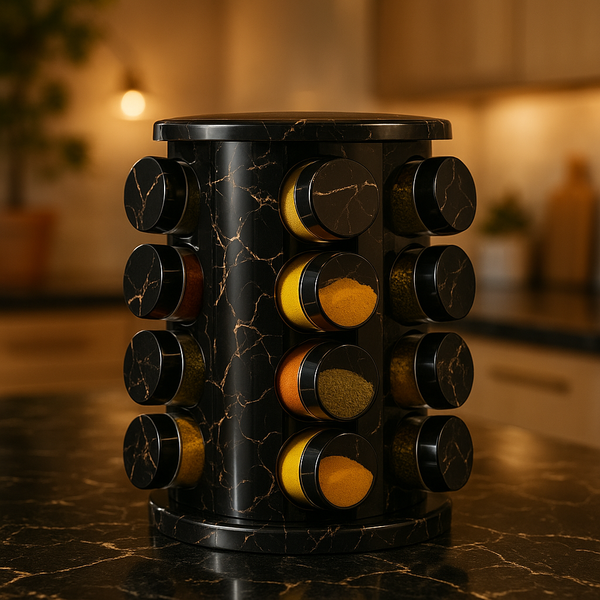 Чорний мармуровий органайзер для спецій, набір ємностей баночок Marble BLACK 16 штук / Набір для спецій з підставкою / Ємності для приправ 1234 фото