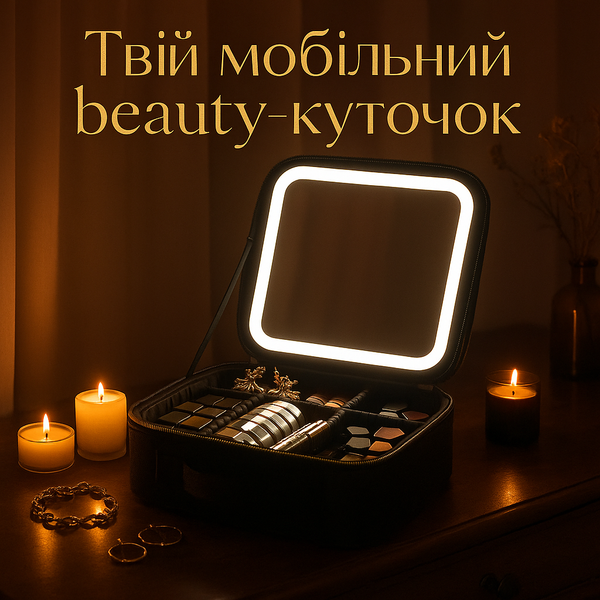 Дорожня косметичка-чемоданчик з LED дзеркалом &mdash; чорна, водонепроникна нейлонова сумка для макіяжу з вбудованим сенсорним дзеркалом та акумулятором 2000 мАг, розмір 26x23x11 см. 1236 фото