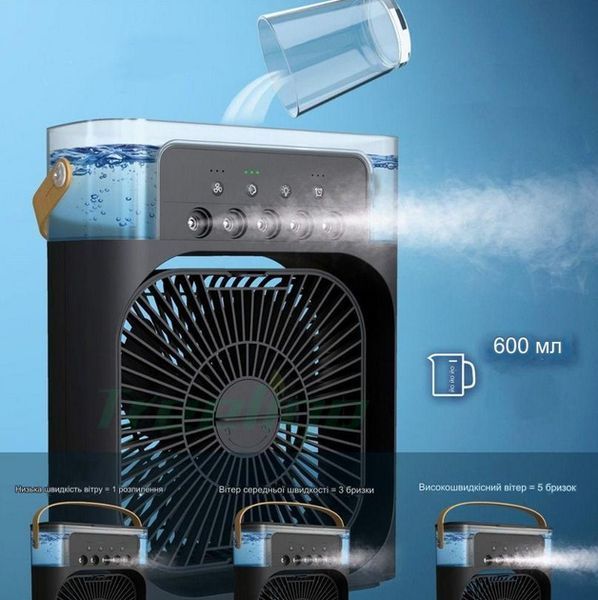 Портативний міні-кондиціонер 4-в-1 Air Cooler Fan: охолоджувач, зволожувач, вентилятор та нічник з 3 швидкостями, 5 розпилювачами, LED-підсвіткою та USB-живленням  Air Cooler Fan фото