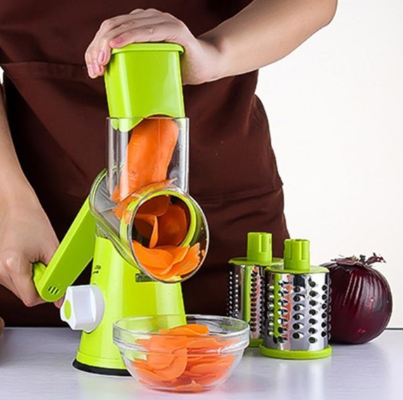 Ручна овочерізка-мультислайсер Kitchen Master &mdash; механічна терка для овочів та фруктів з 3 змінними насадками, вакуумним кріпленням, зеленого кольору 1275 фото