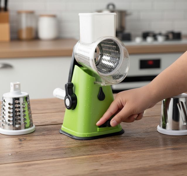 Ручна овочерізка-мультислайсер Kitchen Master &mdash; механічна терка для овочів та фруктів з 3 змінними насадками, вакуумним кріпленням, зеленого кольору 1275 фото