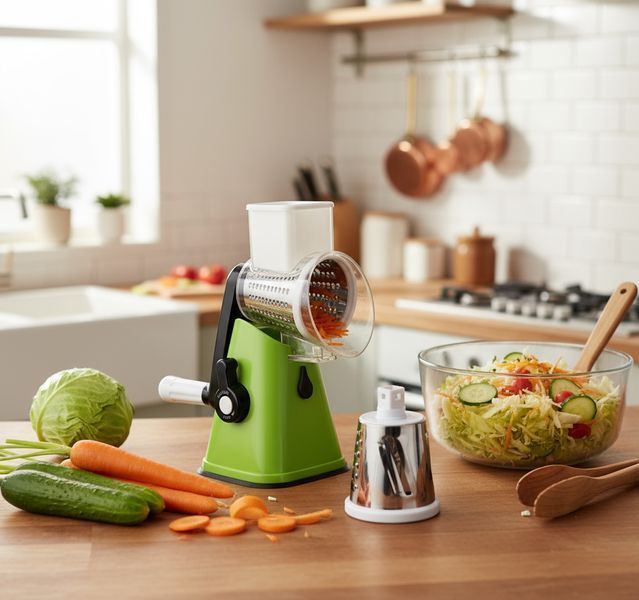 Ручна овочерізка-мультислайсер Kitchen Master &mdash; механічна терка для овочів та фруктів з 3 змінними насадками, вакуумним кріпленням, зеленого кольору 1275 фото