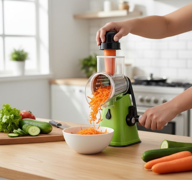 Ручна овочерізка-мультислайсер Kitchen Master &mdash; механічна терка для овочів та фруктів з 3 змінними насадками, вакуумним кріпленням, зеленого кольору 1275 фото