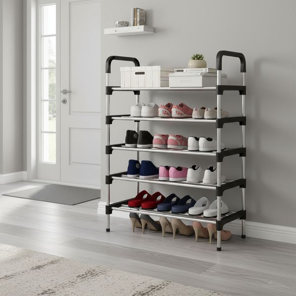 Металева полиця для взуття на 5 рівнів Shoe Rack XL &mdash; органайзер-стелаж для 15 пар взуття в коридор, гардеробну чи офіс, міцний розбірний компактний стелаж для зберігання взуття 1277 фото