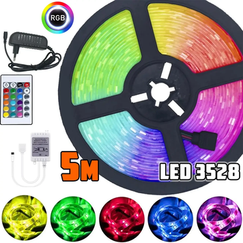 Світлодіодна стрічка багатобарвна 3528 RGB 5м з пультом 1281 фото