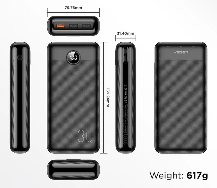 Портативна мобільна батарея Powerbank VEGER VP3008PD 30000mAh із підтримкою швидкої зарядки Qualcomm QC 3.0 та Power Delivery 20 Вт VEGER VP3008PD фото